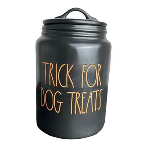 RAE DUNN TRICK FOR DOG TREATS Canister Halloween Large Black Orange Excellent